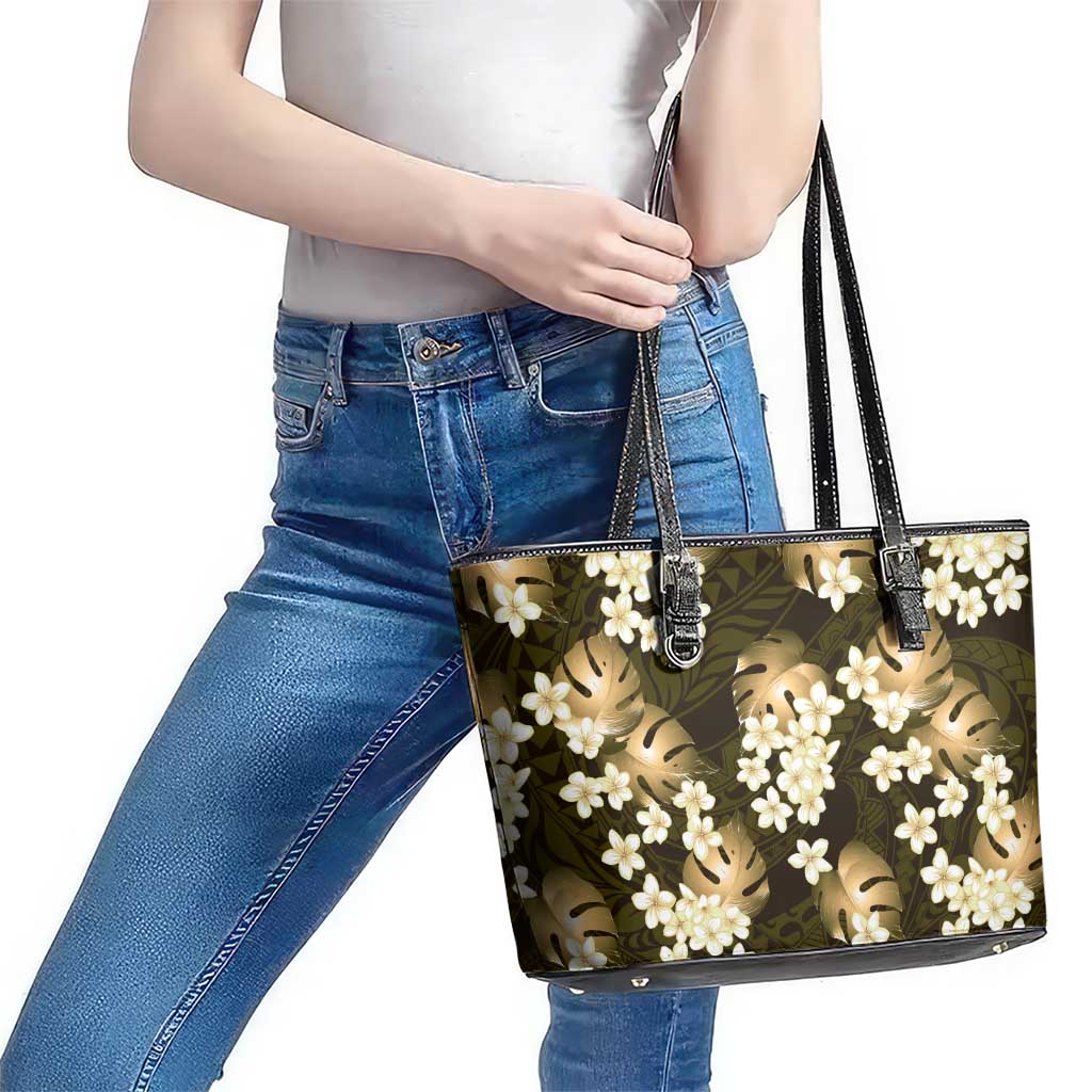 Gold Tropical Hawaii Leather Tote Bag Seamless Monstera Plumeria Hawaiian Pattern - Polynesian Pride
