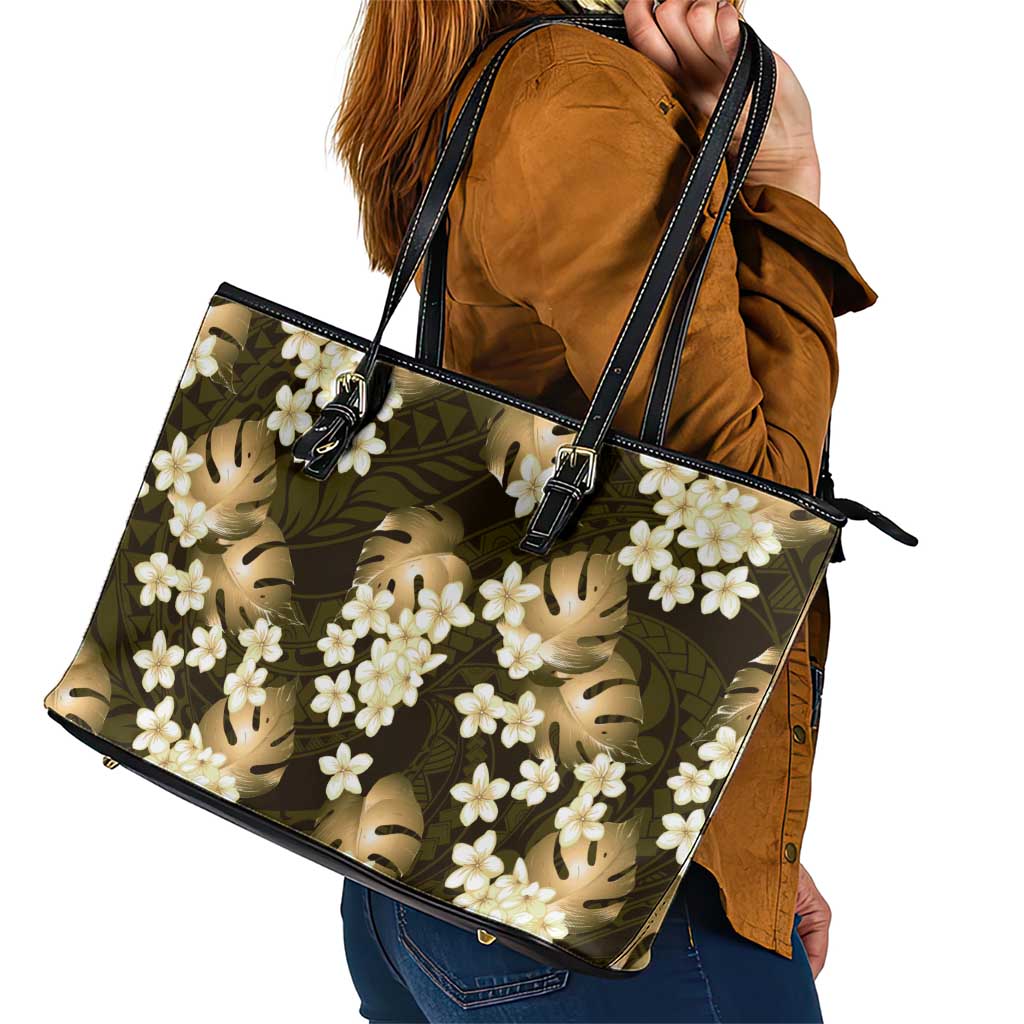 Gold Tropical Hawaii Leather Tote Bag Seamless Monstera Plumeria Hawaiian Pattern - Polynesian Pride