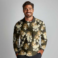 Gold Tropical Hawaii Long Sleeve Polo Shirt Seamless Monstera Plumeria Hawaiian Pattern - Polynesian Pride