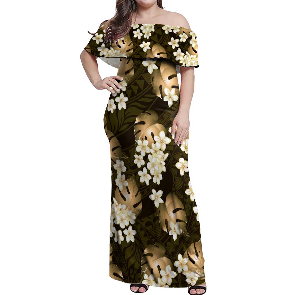 Gold Tropical Hawaii Off Shoulder Maxi Dress Seamless Monstera Plumeria Hawaiian Pattern - Polynesian Pride