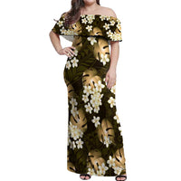 Gold Tropical Hawaii Off Shoulder Maxi Dress Seamless Monstera Plumeria Hawaiian Pattern - Polynesian Pride