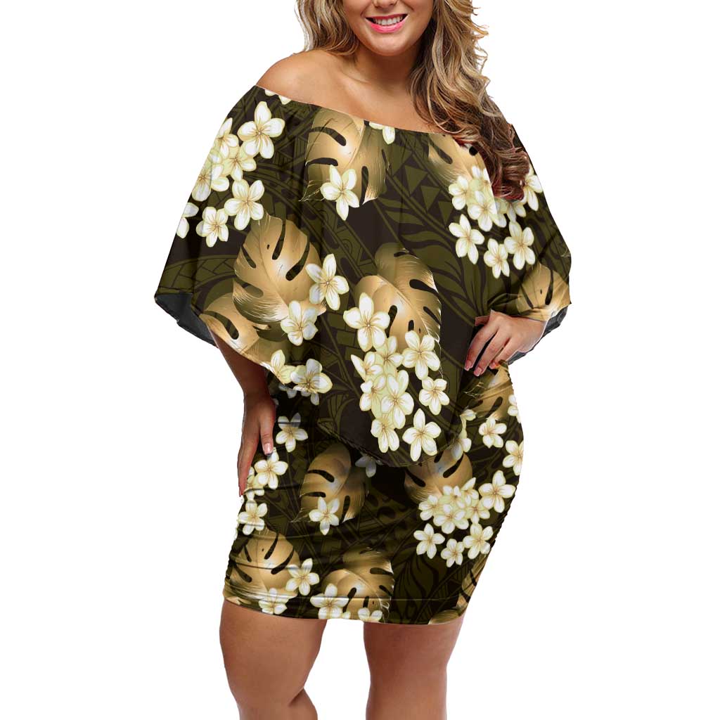 Gold Tropical Hawaii Off Shoulder Short Dress Seamless Monstera Plumeria Hawaiian Pattern - Polynesian Pride