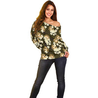 Gold Tropical Hawaii Off Shoulder Sweater Seamless Monstera Plumeria Hawaiian Pattern - Polynesian Pride