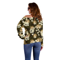 Gold Tropical Hawaii Off Shoulder Sweater Seamless Monstera Plumeria Hawaiian Pattern - Polynesian Pride