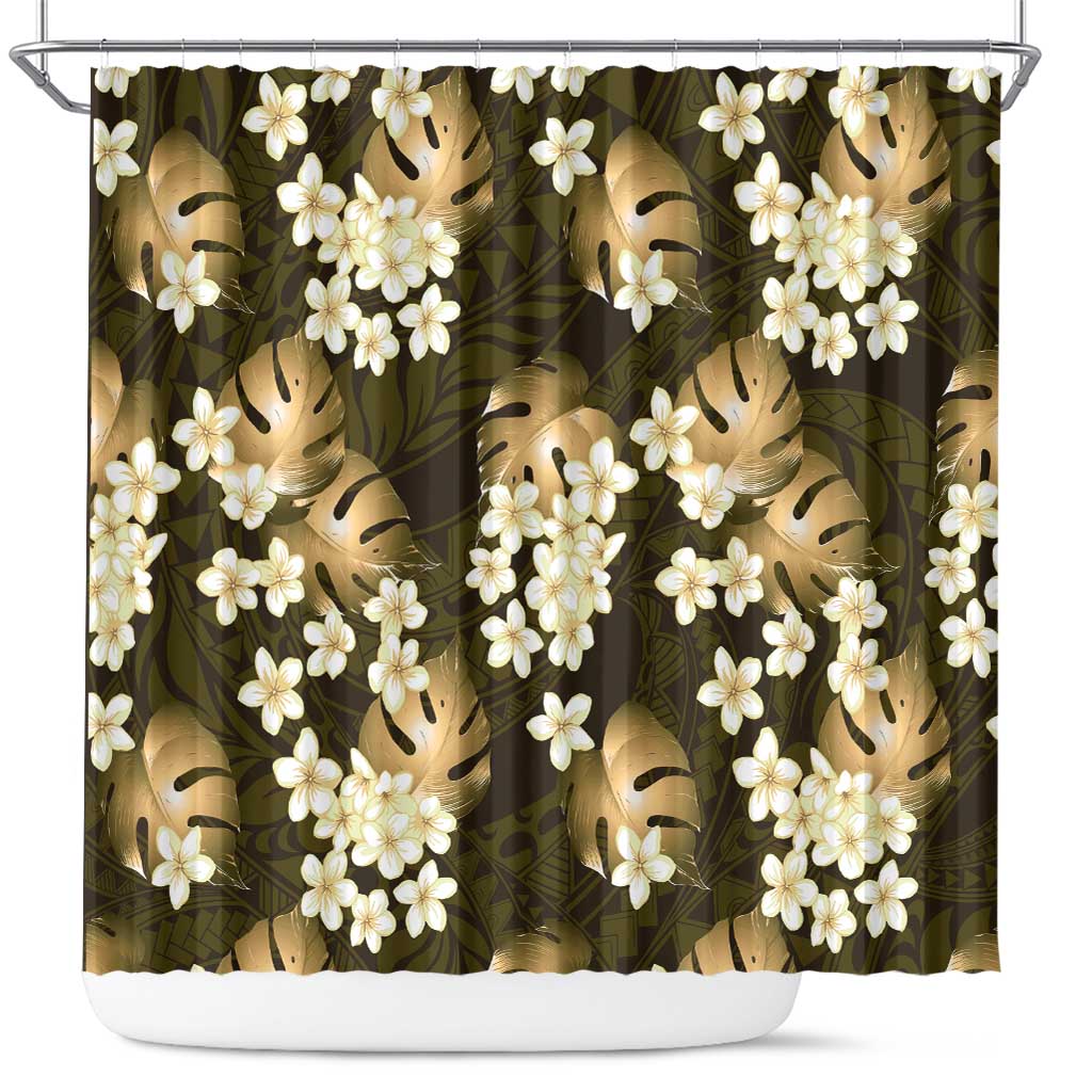 Gold Tropical Hawaii Shower Curtain Seamless Monstera Plumeria Hawaiian Pattern - Polynesian Pride