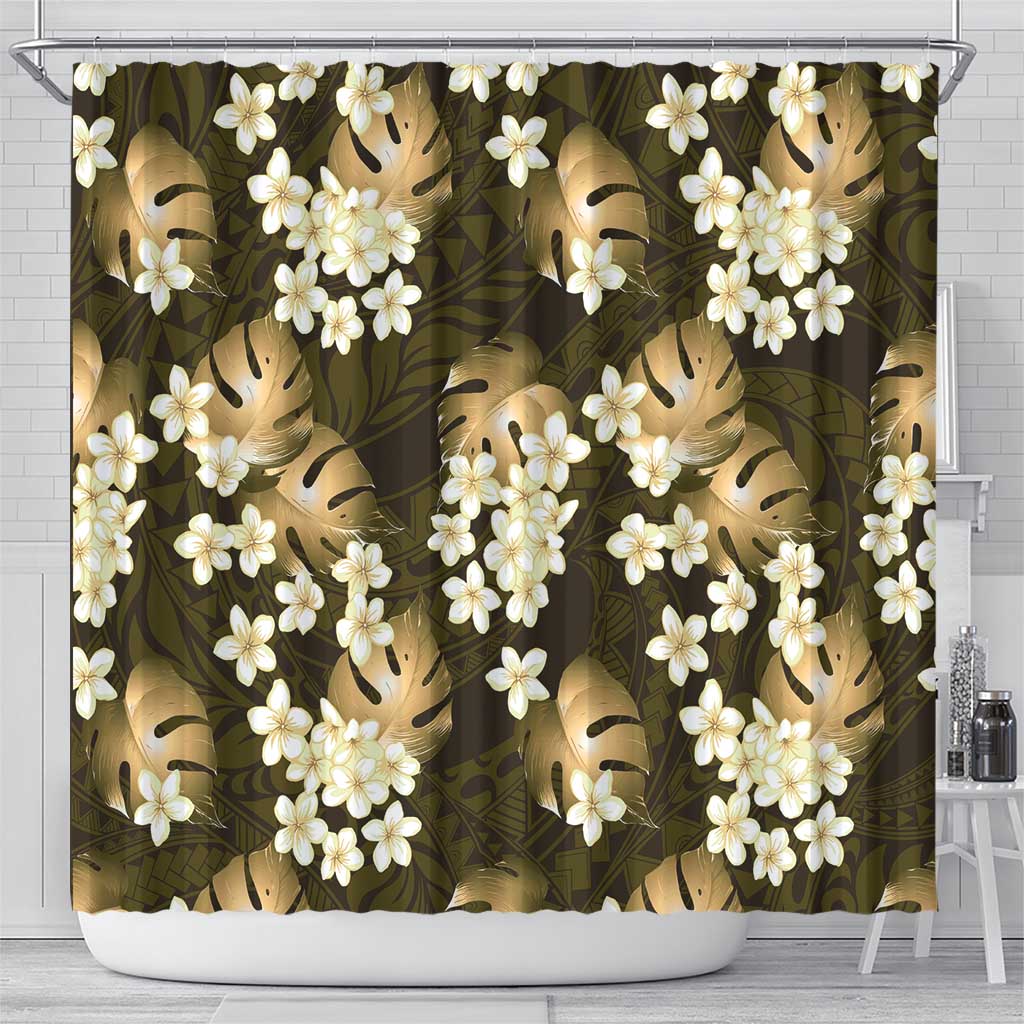 Gold Tropical Hawaii Shower Curtain Seamless Monstera Plumeria Hawaiian Pattern - Polynesian Pride