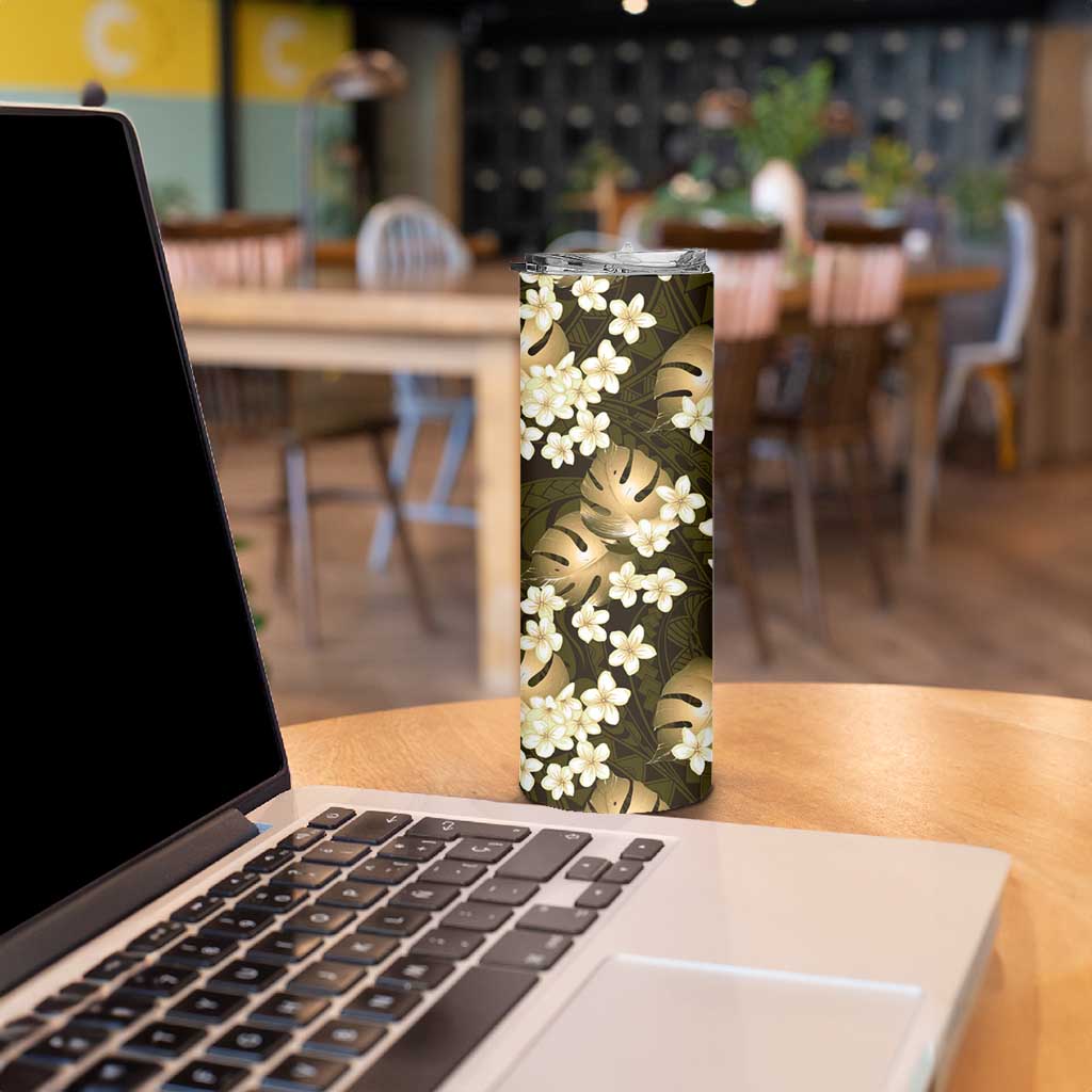 Gold Tropical Hawaii Skinny Tumbler Seamless Monstera Plumeria Hawaiian Pattern - Polynesian Pride