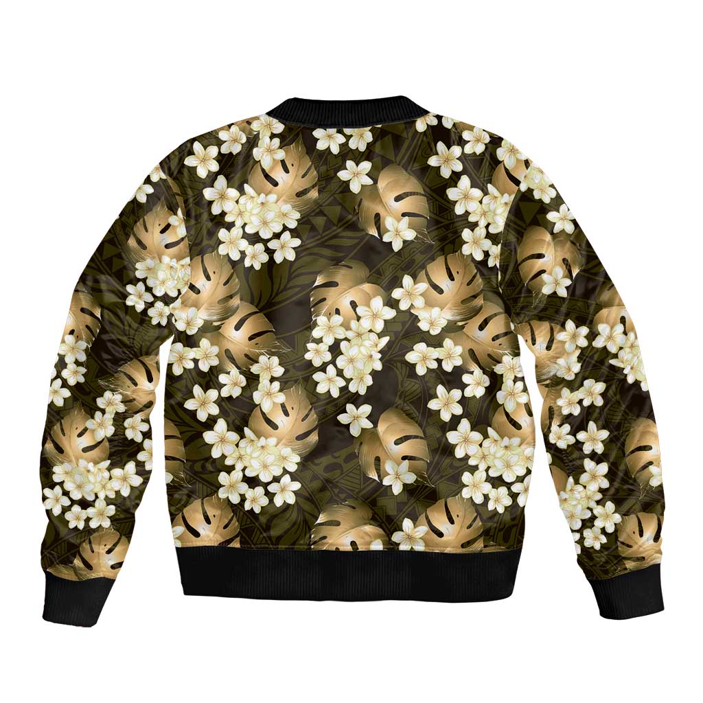 Gold Tropical Hawaii Sleeve Zip Bomber Jacket Seamless Monstera Plumeria Hawaiian Pattern - Polynesian Pride