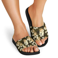 Gold Tropical Hawaii Slide Sandals Seamless Monstera Plumeria Hawaiian Pattern - Polynesian Pride