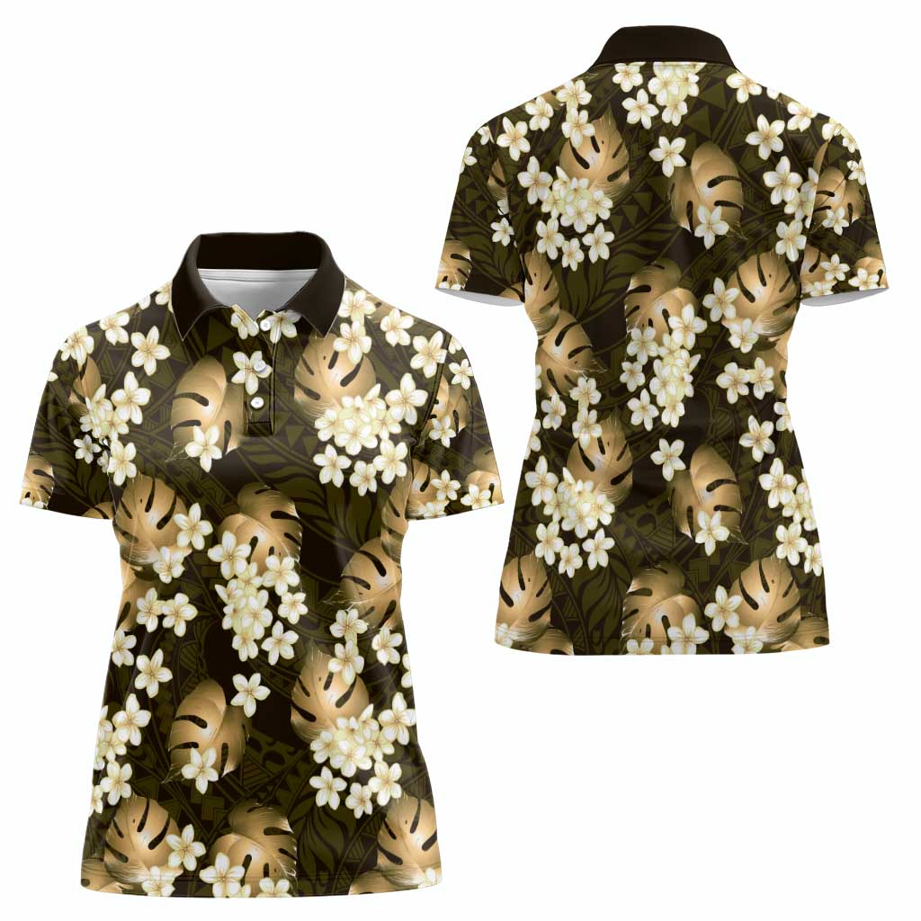 Gold Tropical Hawaii Women Polo Shirt Seamless Monstera Plumeria Hawaiian Pattern LT14 - Polynesian Pride