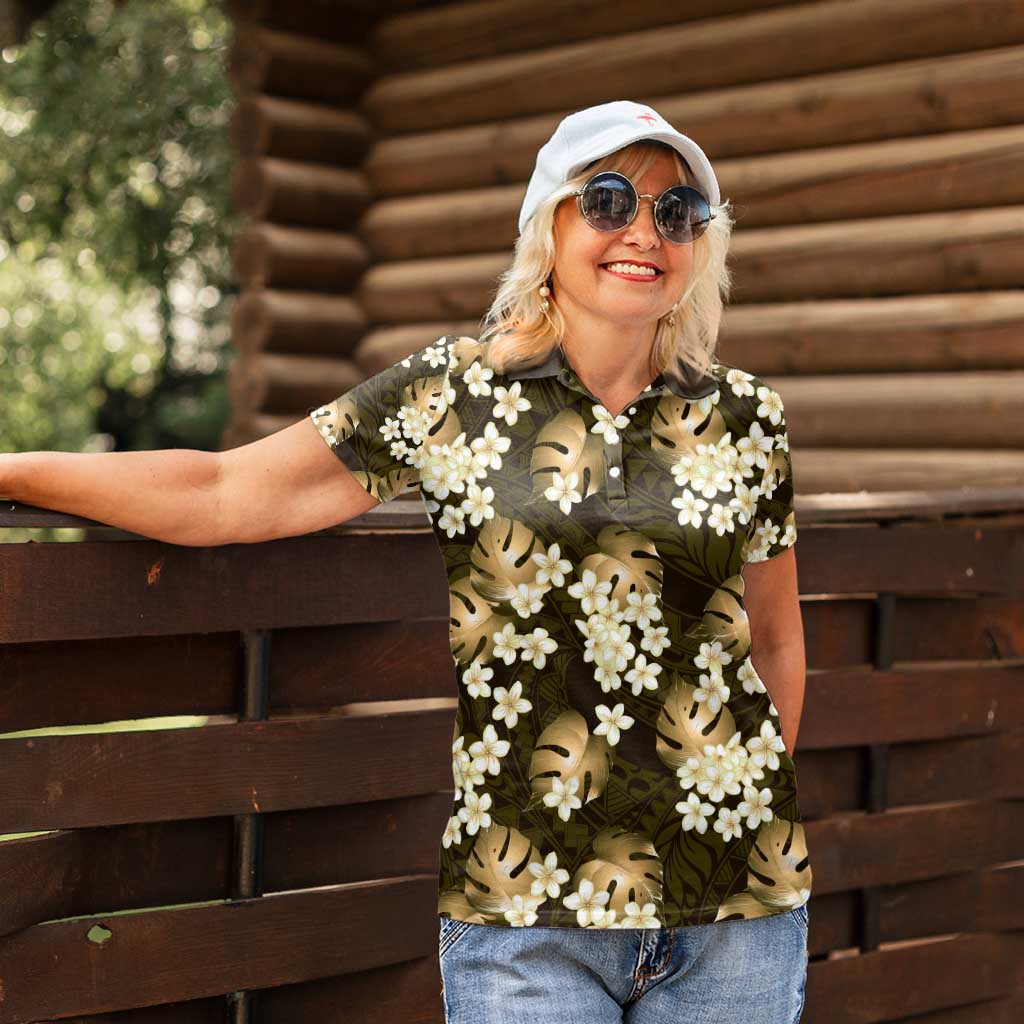 Gold Tropical Hawaii Women Polo Shirt Seamless Monstera Plumeria Hawaiian Pattern LT14 - Polynesian Pride