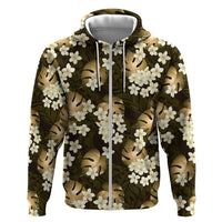 Gold Tropical Hawaii Zip Hoodie Seamless Monstera Plumeria Hawaiian Pattern - Polynesian Pride