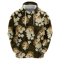 Gold Tropical Hawaii Zip Hoodie Seamless Monstera Plumeria Hawaiian Pattern - Polynesian Pride