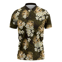 Gold Tropical Hawaii Zipper Polo Shirt Seamless Monstera Plumeria Hawaiian Pattern - Polynesian Pride