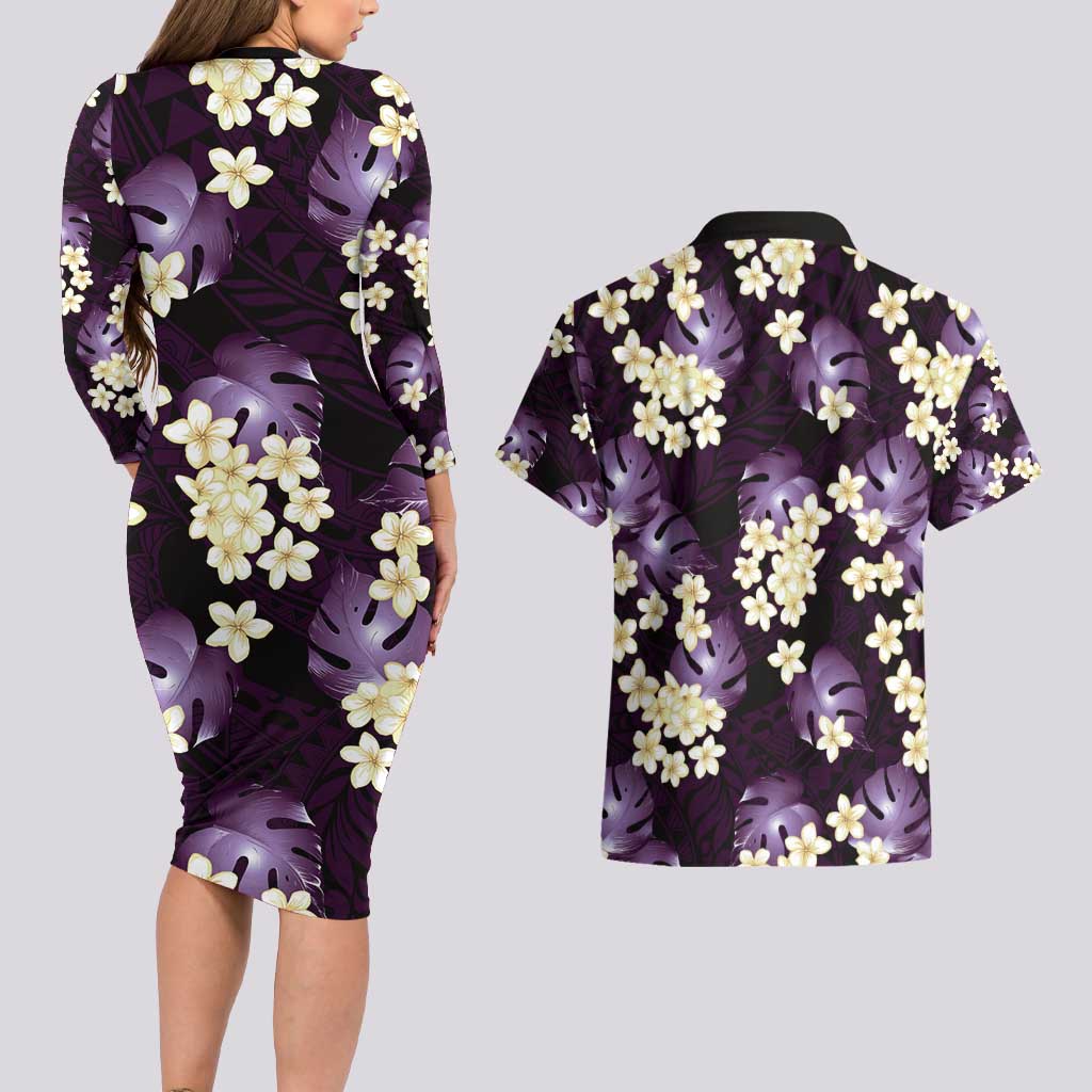Purple Tropical Hawaii Couples Matching Long Sleeve Bodycon Dress and Hawaiian Shirt Seamless Monstera Plumeria Hawaiian Pattern - Polynesian Pride
