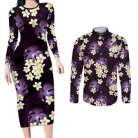 Purple Tropical Hawaii Couples Matching Long Sleeve Bodycon Dress and Long Sleeve Button Shirt Seamless Monstera Plumeria Hawaiian Pattern - Polynesian Pride