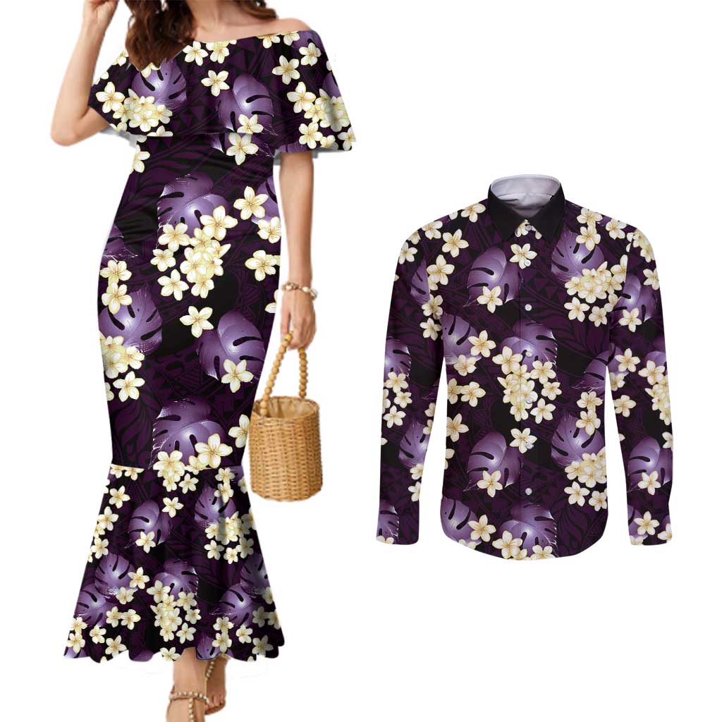 Purple Tropical Hawaii Couples Matching Mermaid Dress and Long Sleeve Button Shirt Seamless Monstera Plumeria Hawaiian Pattern - Polynesian Pride