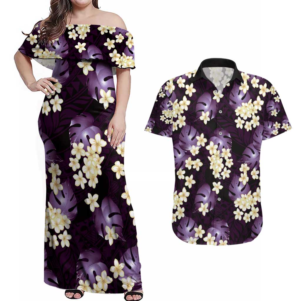 Purple Tropical Hawaii Couples Matching Off Shoulder Maxi Dress and Hawaiian Shirt Seamless Monstera Plumeria Hawaiian Pattern - Polynesian Pride