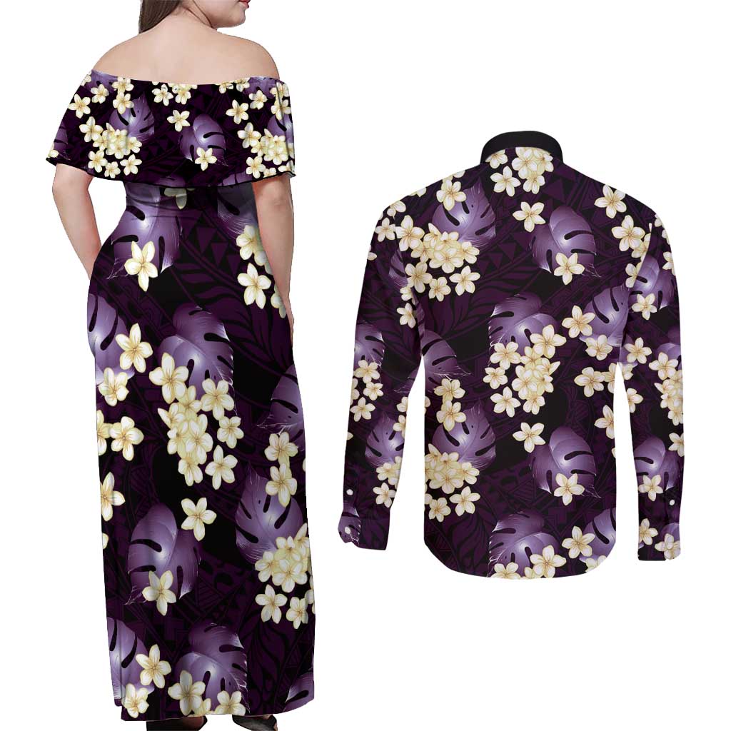 Purple Tropical Hawaii Couples Matching Off Shoulder Maxi Dress and Long Sleeve Button Shirt Seamless Monstera Plumeria Hawaiian Pattern - Polynesian Pride