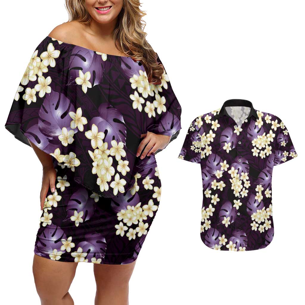 Purple Tropical Hawaii Couples Matching Off Shoulder Short Dress and Hawaiian Shirt Seamless Monstera Plumeria Hawaiian Pattern - Polynesian Pride