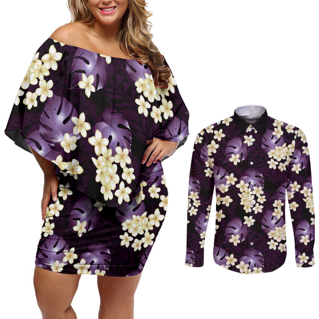 Purple Tropical Hawaii Couples Matching Off Shoulder Short Dress and Long Sleeve Button Shirt Seamless Monstera Plumeria Hawaiian Pattern - Polynesian Pride