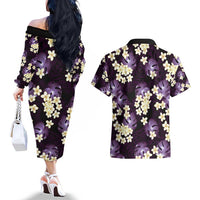Purple Tropical Hawaii Couples Matching Off The Shoulder Long Sleeve Dress and Hawaiian Shirt Seamless Monstera Plumeria Hawaiian Pattern - Polynesian Pride