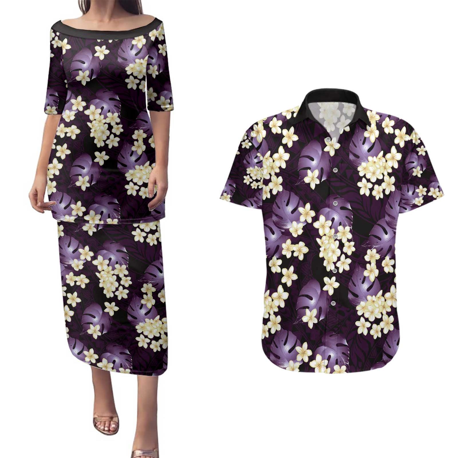 Purple Tropical Hawaii Couples Matching Puletasi and Hawaiian Shirt Seamless Monstera Plumeria Hawaiian Pattern - Polynesian Pride