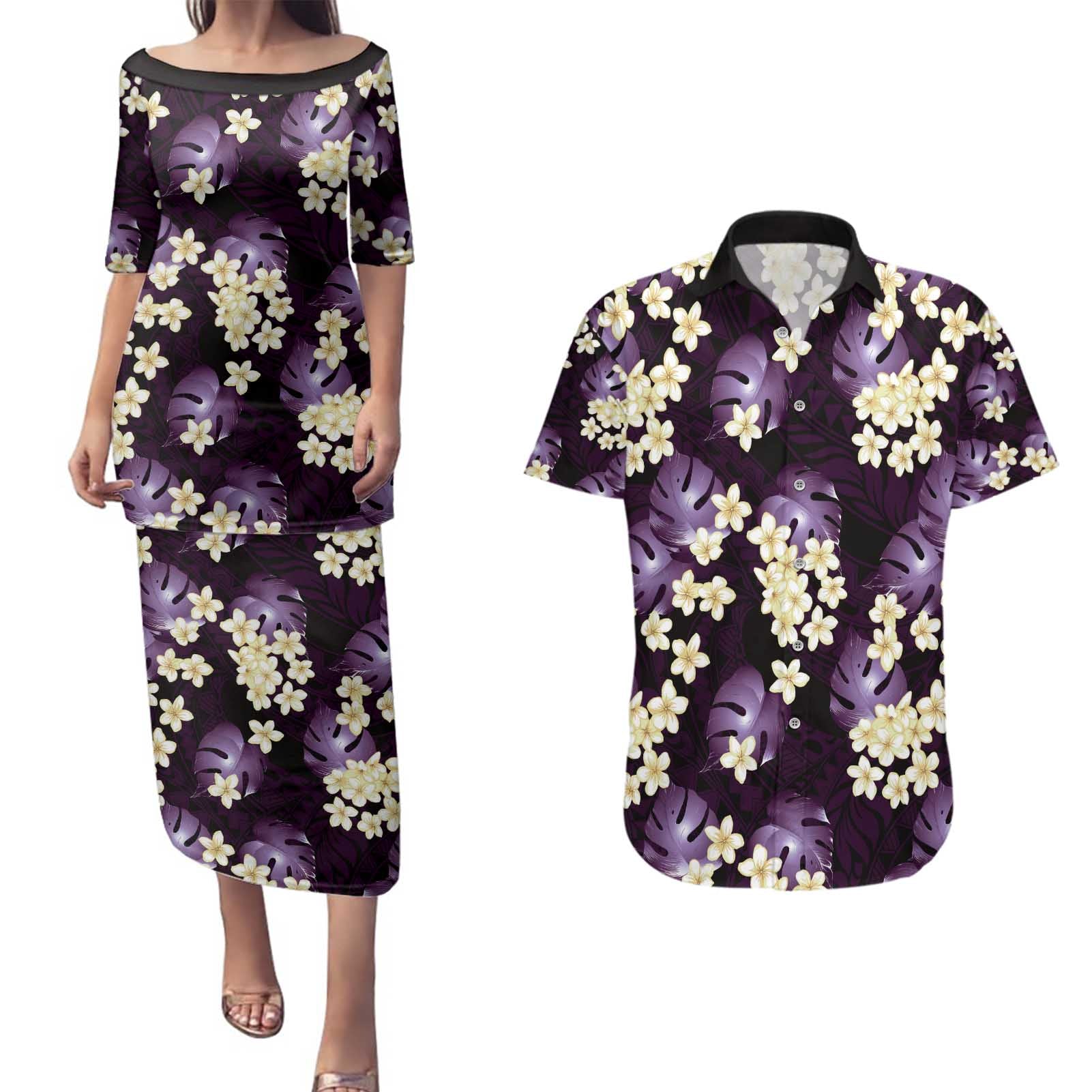 Purple Tropical Hawaii Couples Matching Puletasi and Hawaiian Shirt Seamless Monstera Plumeria Hawaiian Pattern - Polynesian Pride
