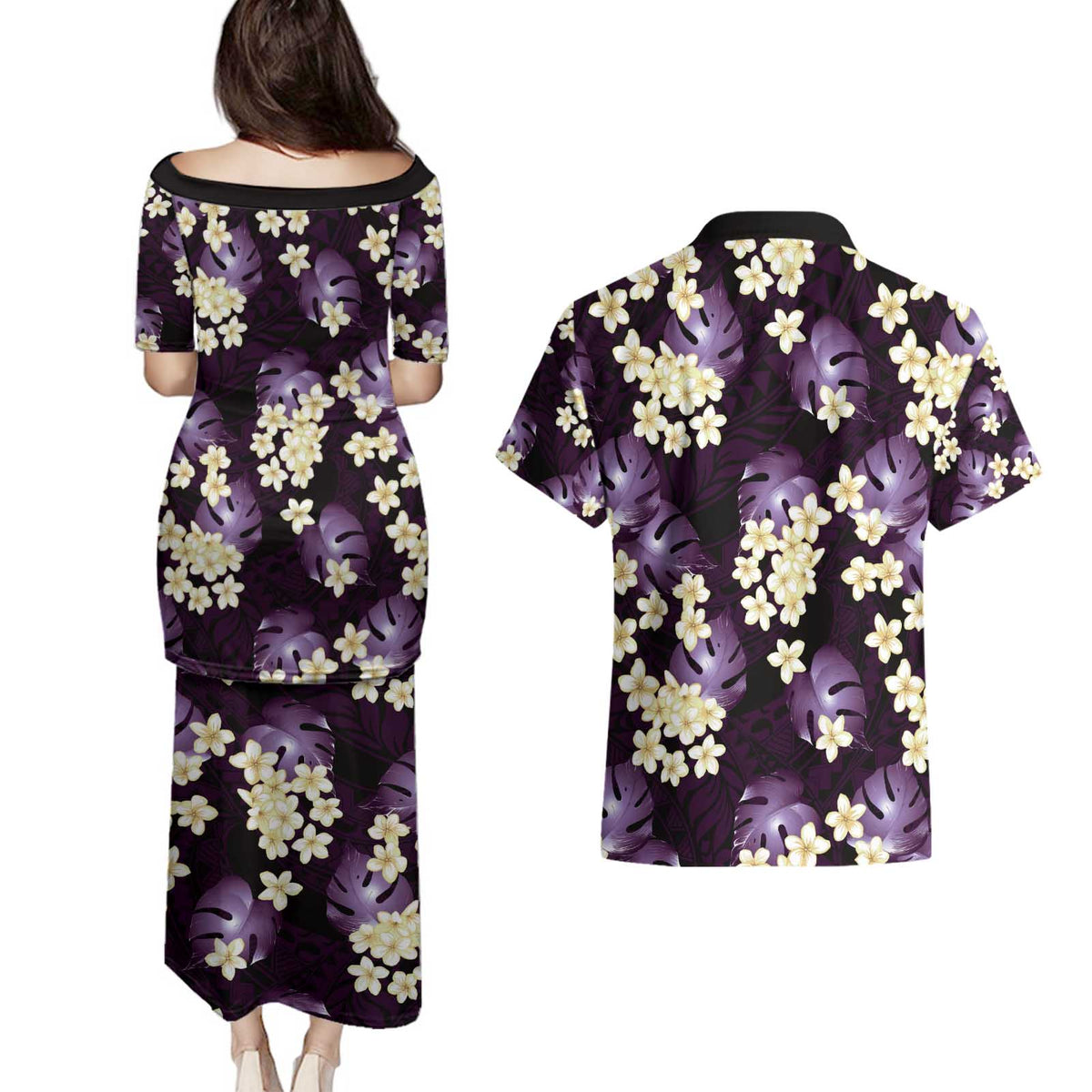 Purple Tropical Hawaii Couples Matching Puletasi and Hawaiian Shirt Seamless Monstera Plumeria Hawaiian Pattern - Polynesian Pride