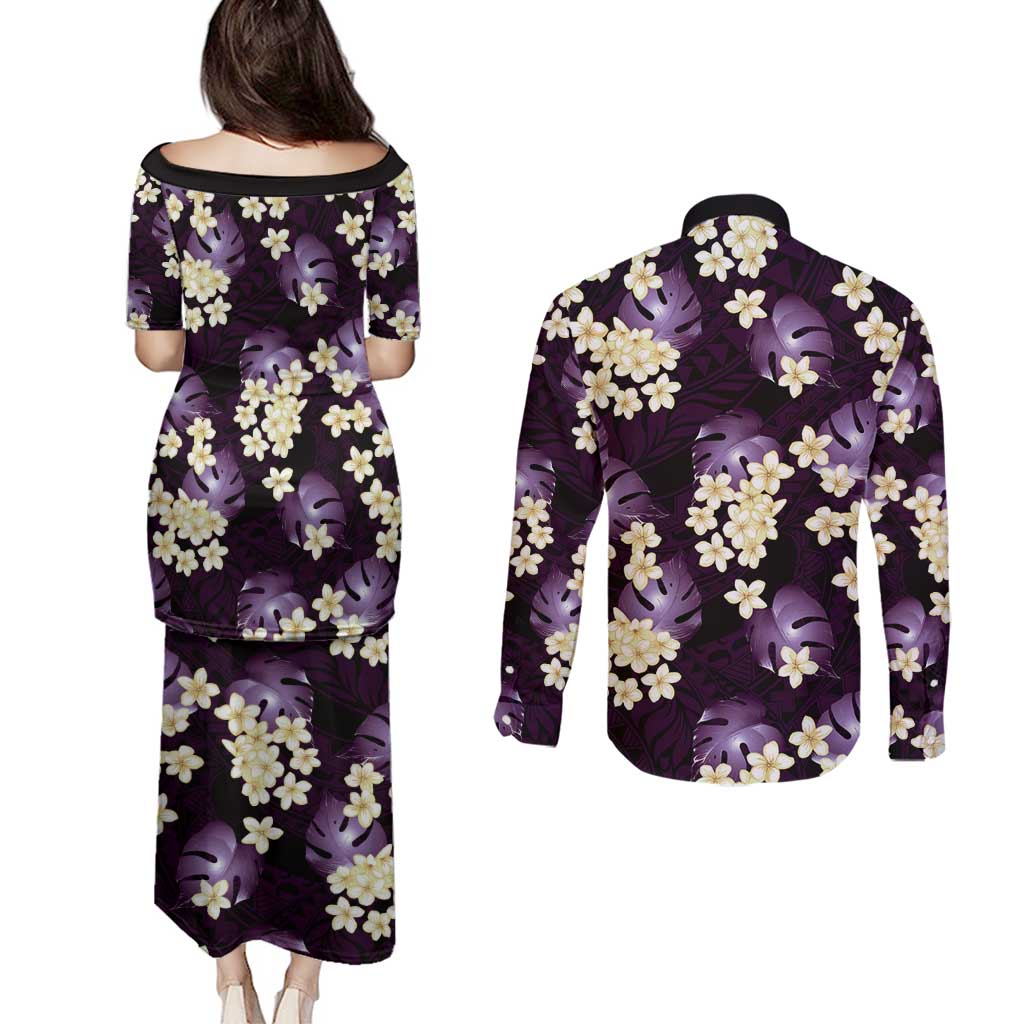 Purple Tropical Hawaii Couples Matching Puletasi and Long Sleeve Button Shirt Seamless Monstera Plumeria Hawaiian Pattern - Polynesian Pride