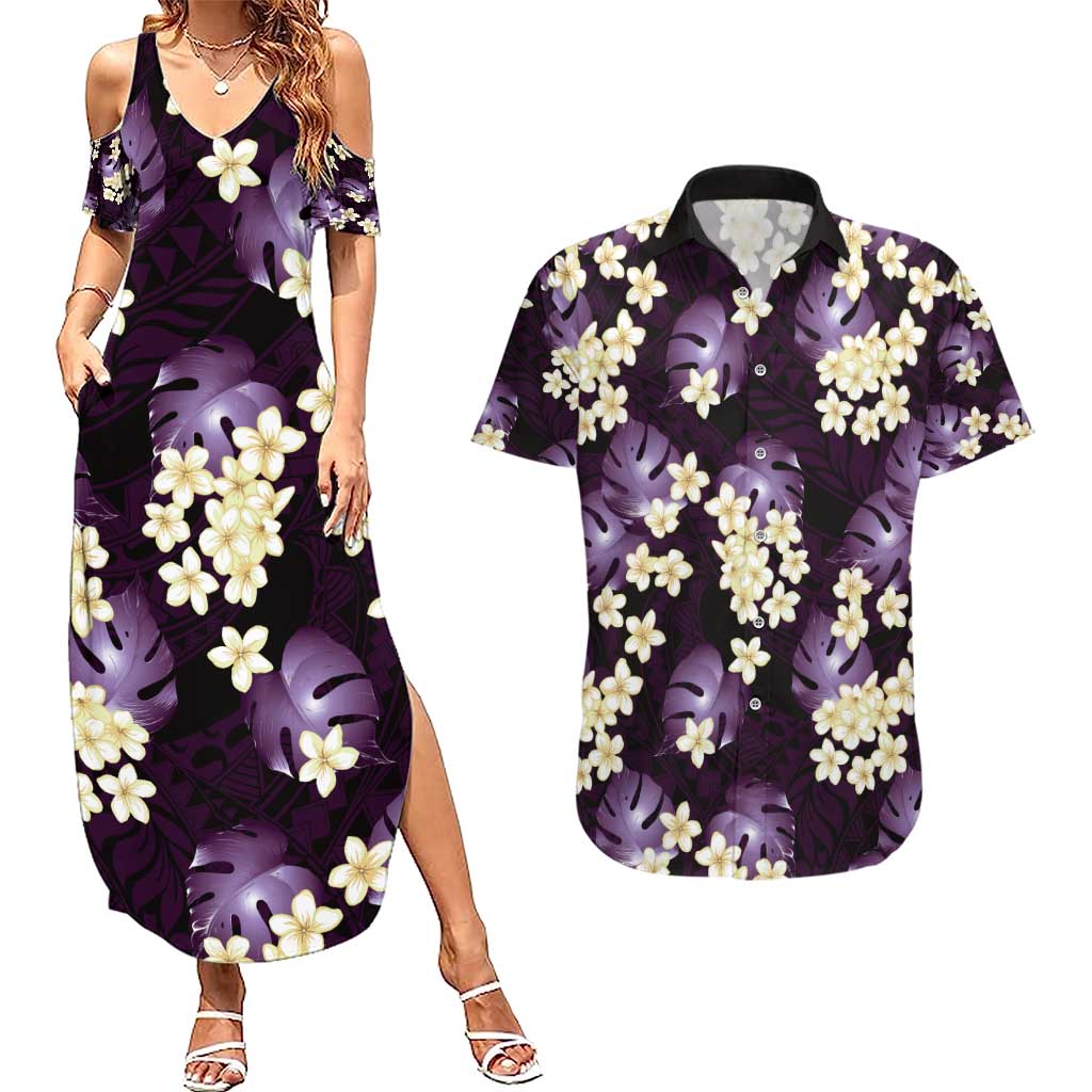 Purple Tropical Hawaii Couples Matching Summer Maxi Dress and Hawaiian Shirt Seamless Monstera Plumeria Hawaiian Pattern - Polynesian Pride