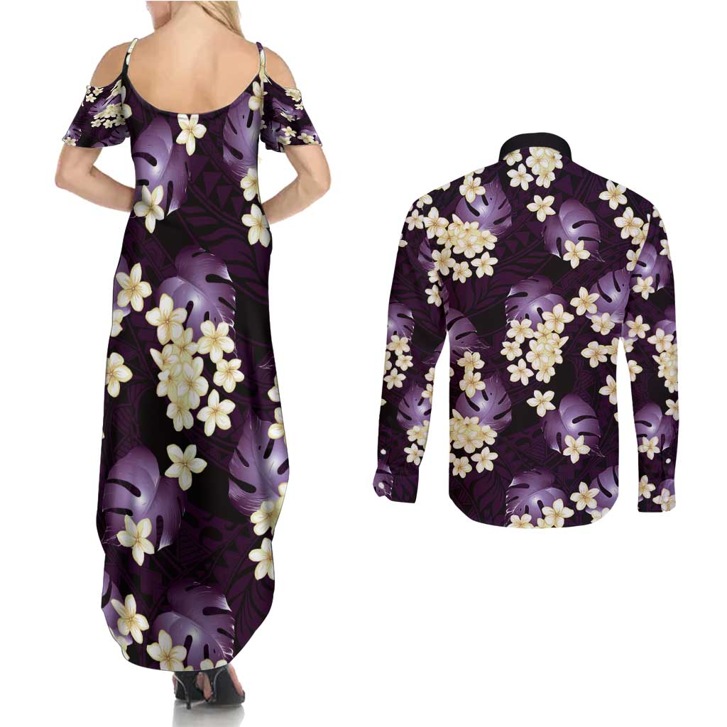 Purple Tropical Hawaii Couples Matching Summer Maxi Dress and Long Sleeve Button Shirt Seamless Monstera Plumeria Hawaiian Pattern - Polynesian Pride