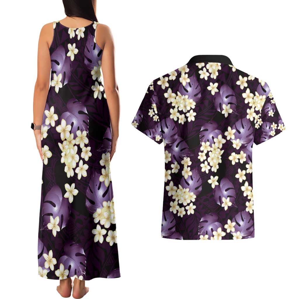 Purple Tropical Hawaii Couples Matching Tank Maxi Dress and Hawaiian Shirt Seamless Monstera Plumeria Hawaiian Pattern - Polynesian Pride