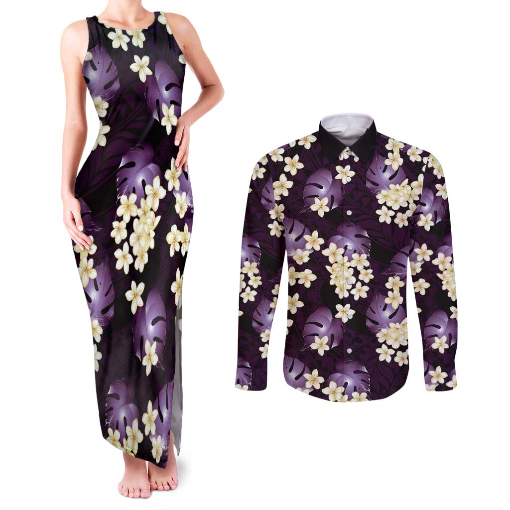 Purple Tropical Hawaii Couples Matching Tank Maxi Dress and Long Sleeve Button Shirt Seamless Monstera Plumeria Hawaiian Pattern - Polynesian Pride
