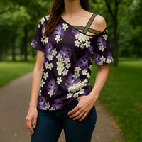 Purple Tropical Hawaii Cross Shoulder Shirt Seamless Monstera Plumeria Hawaiian Pattern - Polynesian Pride