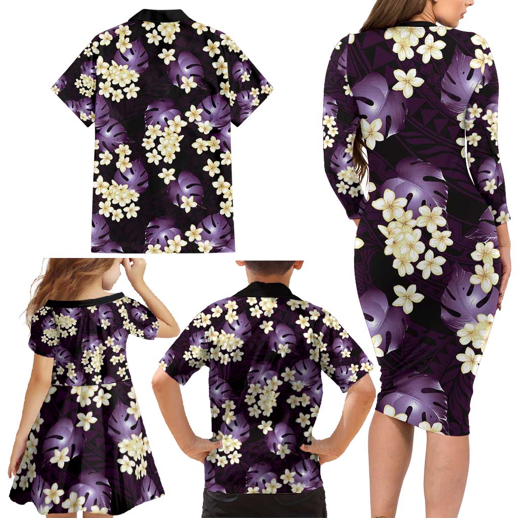 Purple Tropical Hawaii Family Matching Long Sleeve Bodycon Dress and Hawaiian Shirt Seamless Monstera Plumeria Hawaiian Pattern - Polynesian Pride