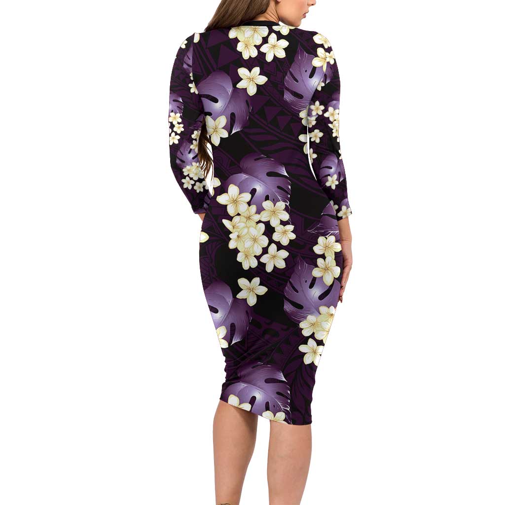 Purple Tropical Hawaii Family Matching Long Sleeve Bodycon Dress and Hawaiian Shirt Seamless Monstera Plumeria Hawaiian Pattern - Polynesian Pride