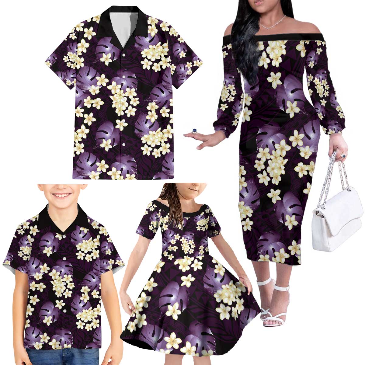 Purple Tropical Hawaii Family Matching Off The Shoulder Long Sleeve Dress and Hawaiian Shirt Seamless Monstera Plumeria Hawaiian Pattern - Polynesian Pride