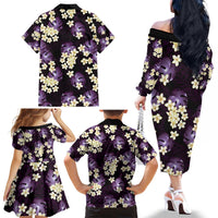 Purple Tropical Hawaii Family Matching Off The Shoulder Long Sleeve Dress and Hawaiian Shirt Seamless Monstera Plumeria Hawaiian Pattern - Polynesian Pride