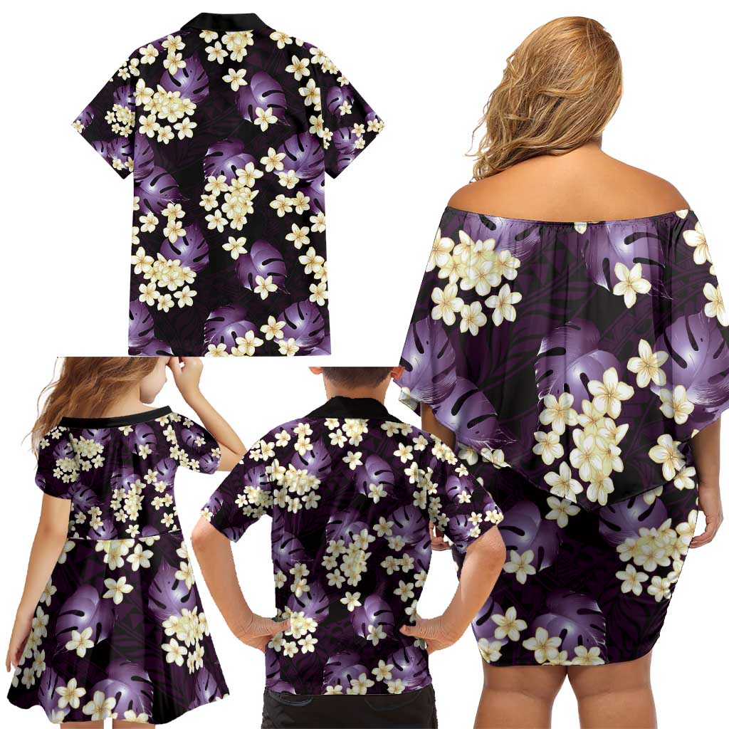 Purple Tropical Hawaii Family Matching Off Shoulder Short Dress and Hawaiian Shirt Seamless Monstera Plumeria Hawaiian Pattern - Polynesian Pride