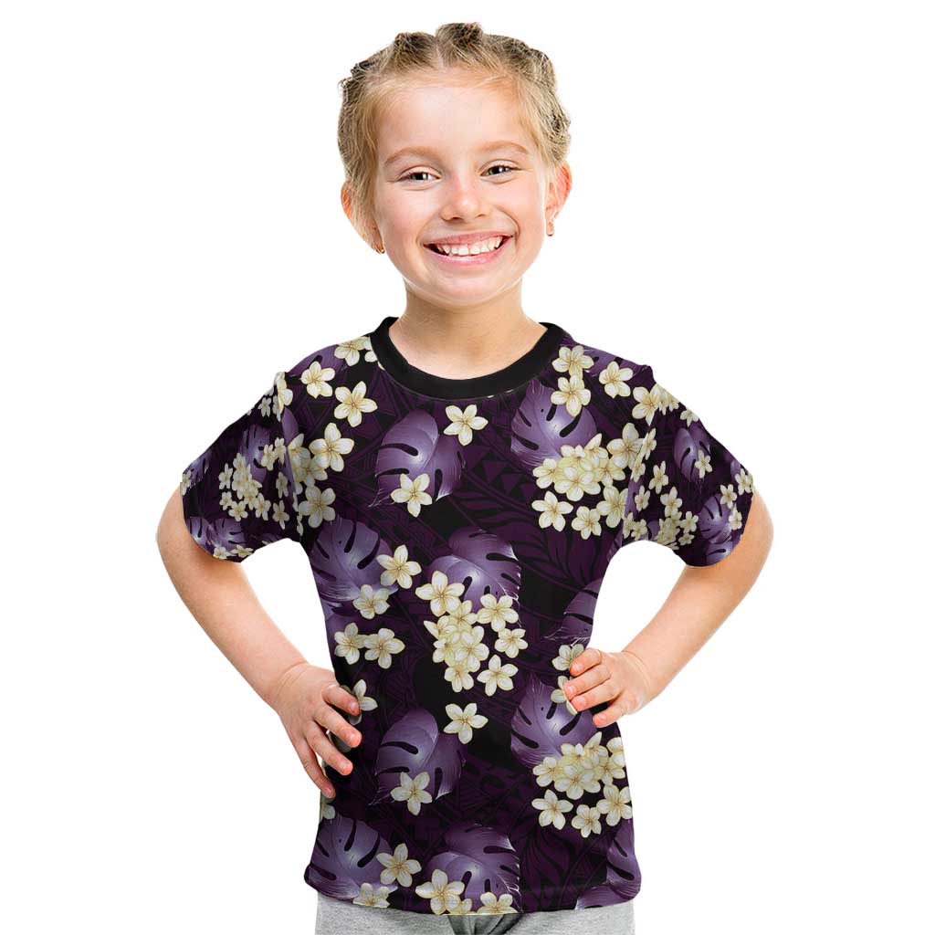 Purple Tropical Hawaii Kid T Shirt Seamless Monstera Plumeria Hawaiian Pattern - Polynesian Pride