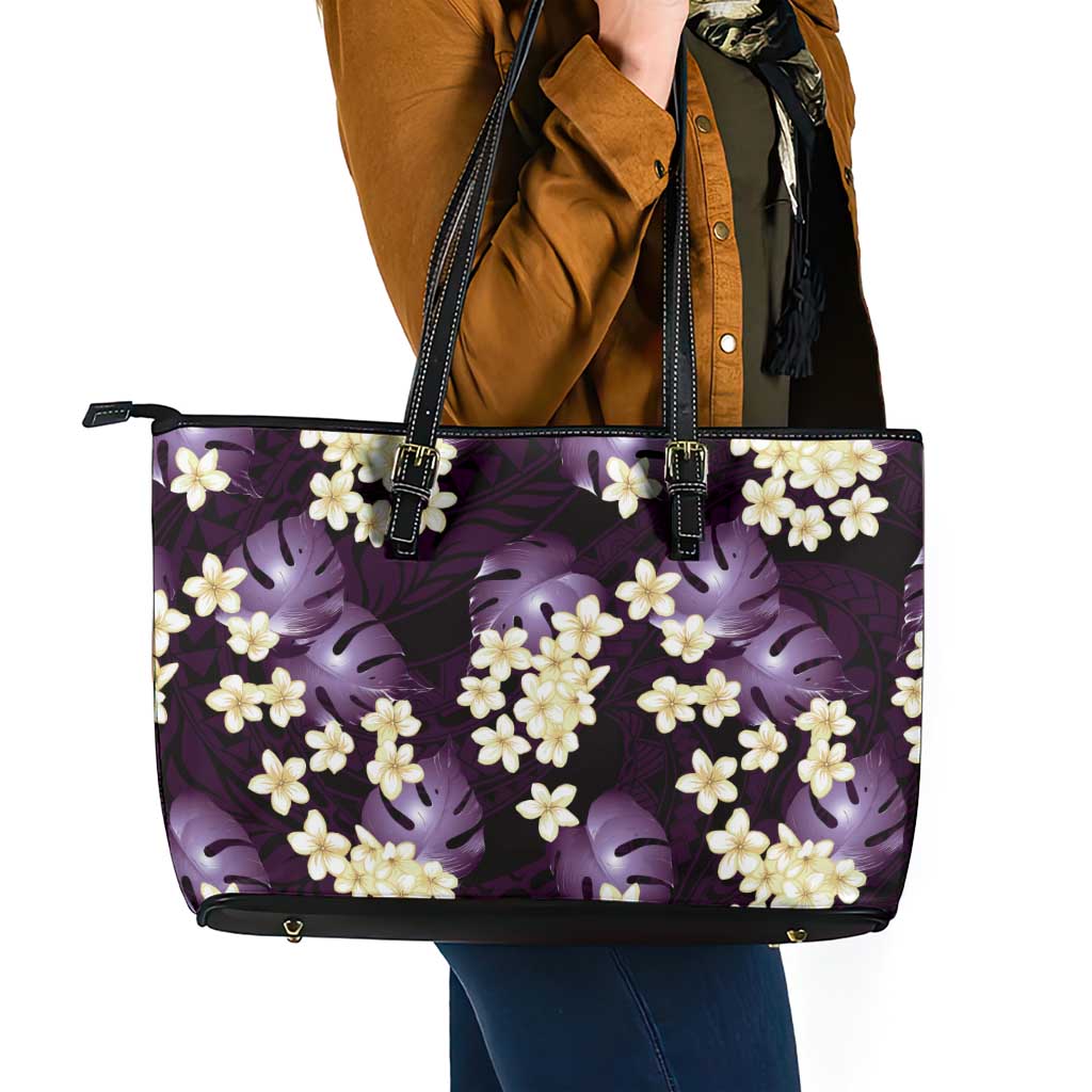 Purple Tropical Hawaii Leather Tote Bag Seamless Monstera Plumeria Hawaiian Pattern - Polynesian Pride
