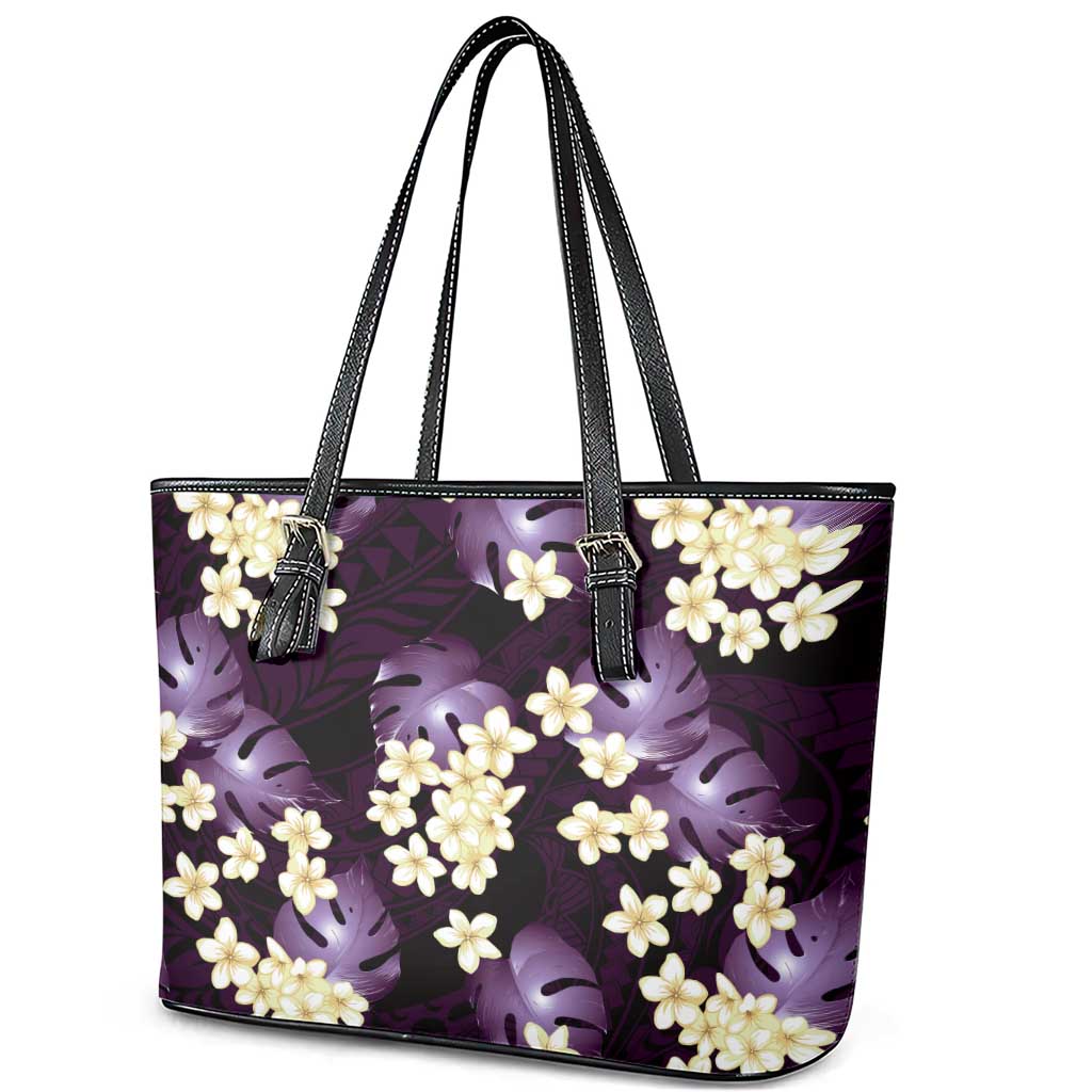 Purple Tropical Hawaii Leather Tote Bag Seamless Monstera Plumeria Hawaiian Pattern - Polynesian Pride