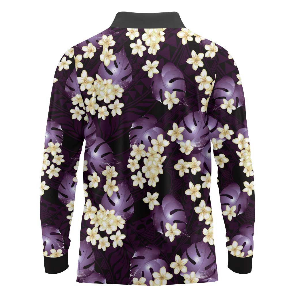 Purple Tropical Hawaii Long Sleeve Polo Shirt Seamless Monstera Plumeria Hawaiian Pattern - Polynesian Pride