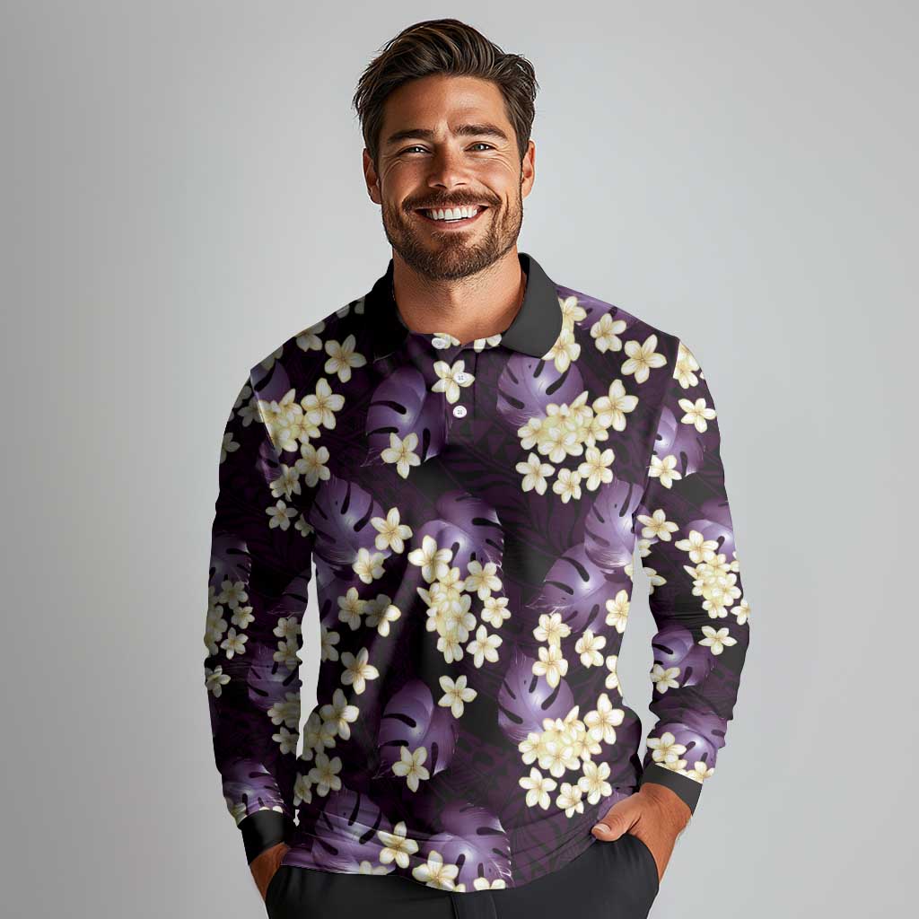 Purple Tropical Hawaii Long Sleeve Polo Shirt Seamless Monstera Plumeria Hawaiian Pattern - Polynesian Pride