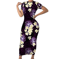 Purple Tropical Hawaii Short Sleeve Bodycon Dress Seamless Monstera Plumeria Hawaiian Pattern - Polynesian Pride