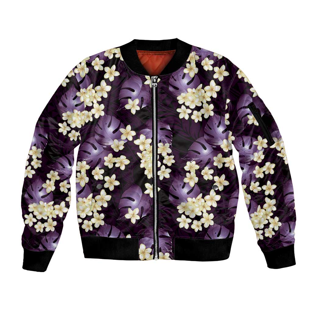 Purple Tropical Hawaii Sleeve Zip Bomber Jacket Seamless Monstera Plumeria Hawaiian Pattern - Polynesian Pride