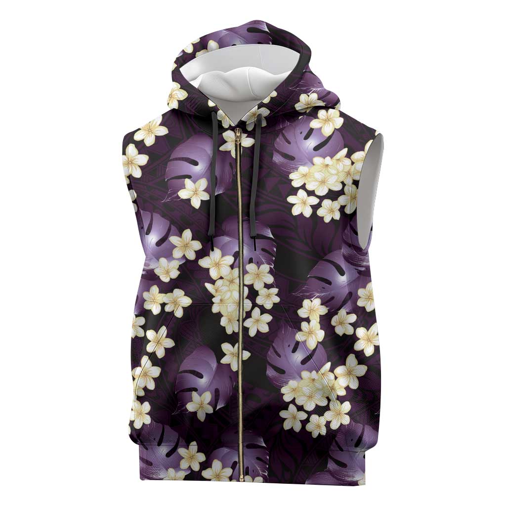 Purple Tropical Hawaii Sleeveless Zip Hoodie Seamless Monstera Plumeria Hawaiian Pattern - Polynesian Pride