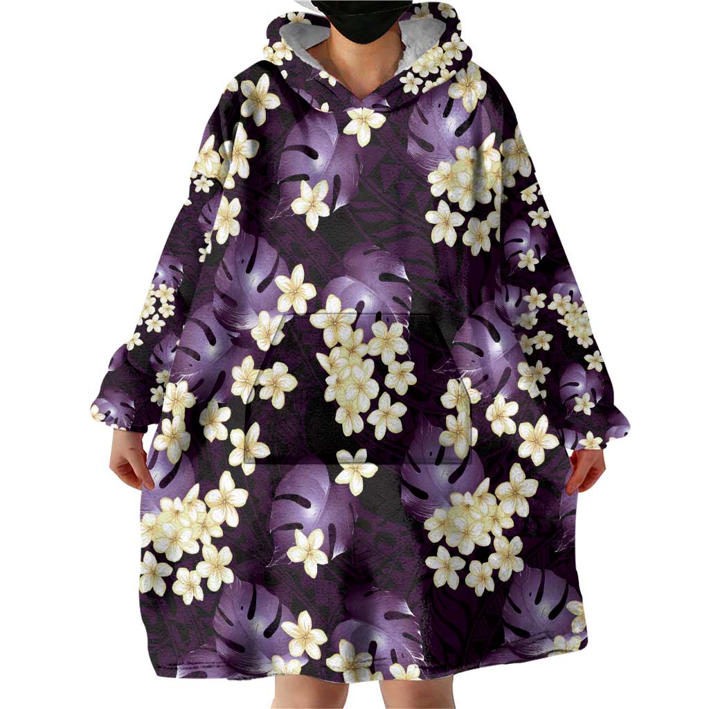 Purple Tropical Hawaii Wearable Blanket Hoodie Seamless Monstera Plumeria Hawaiian Pattern - Polynesian Pride