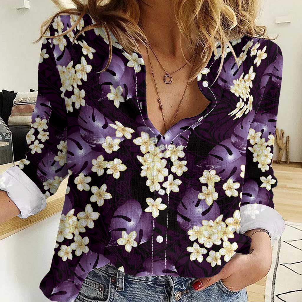 Purple Tropical Hawaii Women Casual Shirt Seamless Monstera Plumeria Hawaiian Pattern - Polynesian Pride
